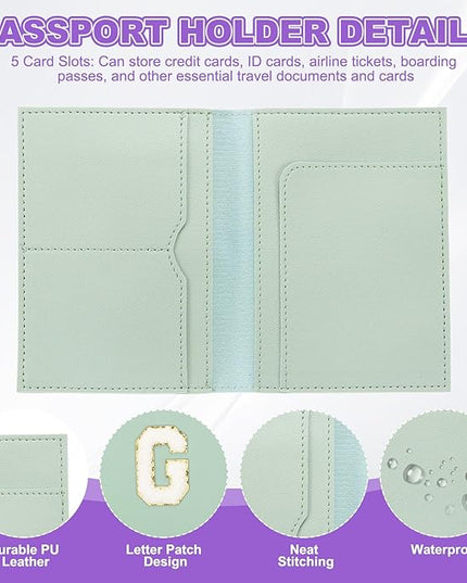 PATIKIL Passport Holder for Travel, Initial Passport Cover and Luggage Tag Set with Alphabet Chenille Letter Patch Travel Wallet Bag Suitcase Identifier for Women Family Travel Green G