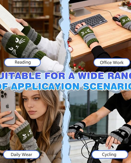 Women's Knitted Fingerless Gloves with Cute Cat Embroidery, Warm Fashion Leaky Finger Casual Cat Splicing Knitted Gloves