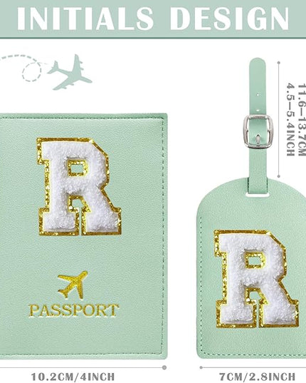 COSHAYSOO Green Passport Cover and Initial Luggage Tag Set TSA Approved with Preppy Chenille Letter Patch for Women Girl Friends, Trendy Travel Bag Backpack Suitcase Identifier Thanksgiving Gifts (R)