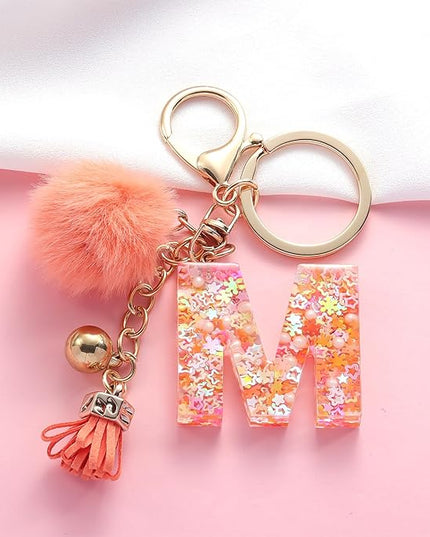 Resin Alphabet Initial Letter Keychain Keyring for Women Purse Handbags With Fur Ball Pom