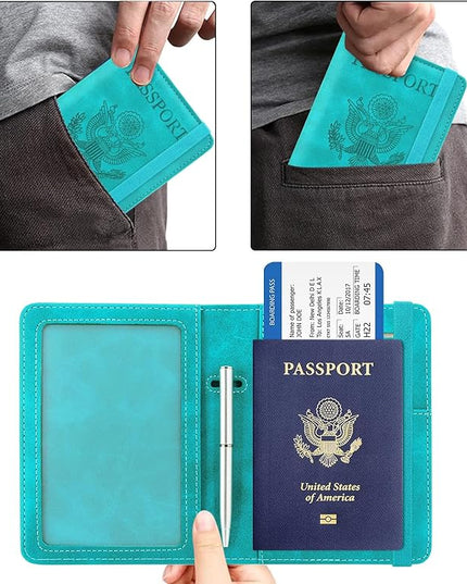 ACdream Passport and Vaccine Card Holder Combo, Cover Case with CDC Vaccination Card Slot, Leather Travel Documents Organizer Protector, with RFID Blocking, for Women and Men, C - Sky Blue, Fashion