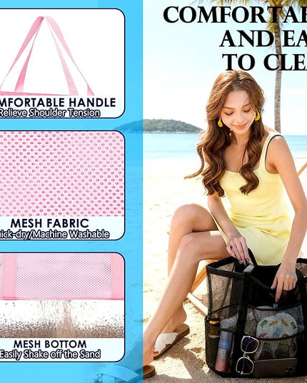 Mesh Beach Bag, Large Beach Tote with Zipper Pocket, Toys Pool Bag for Family Travel Vacation Cruise Essentials