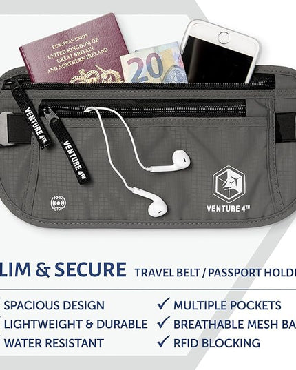 VENTURE 4TH Money Belt for Travel – Hidden Under-Clothes RFID Blocking Passport Holder & Slim Travel Wallet Pouch for Men & Women to Protect Cash, Cards & Documents (Gray)