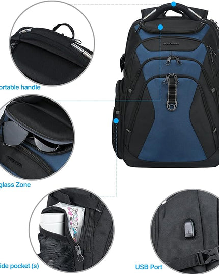 KROSER Travel Laptop Backpack 18.4 Inch XXXL Gaming Backpack with Hard Shell Saferoom RFID Pockets Water-Repellent Business College Daypack Stylish Laptop Bag for Men/Women-Black Haze Blue