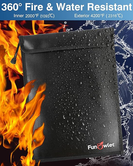 FunOwlet Fireproof Waterproof Document Bag – 3 Pack Fire and Water Resistant Zipper Storage Organizer & Money Safe Pouch Set for Important Papers, Cash, Passports, Jewelry & Electronics (Black)