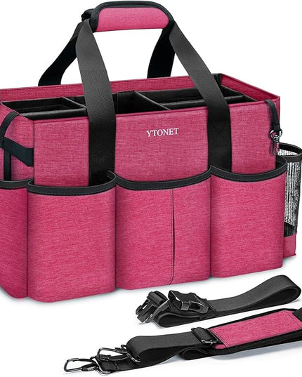 Ytonet Wearable Cleaning Caddy Organizer with Handle & Shoulder Straps, Large Cleaning Tote for Housekeepers, Kitchen Supplies Organizer with Dividers, Under Sink & Car Detailing Bag, Red
