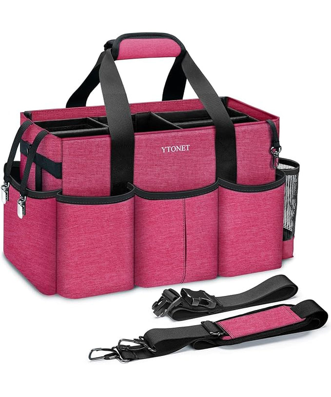 Ytonet Wearable Cleaning Caddy Organizer with Handle & Shoulder Straps, Large Cleaning Tote for Housekeepers, Kitchen Supplies Organizer with Dividers, Under Sink & Car Detailing Bag, Red