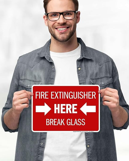Fire Extinguisher Here Break Glass Sign, 10x7 Inches, 4 Mil Vinyl Decal Stickers Weather Resistant, Made in USA by My Sign Center