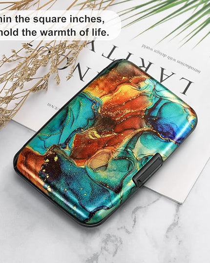 ELFISH Mini RFID Aluminum Wallet Credit Cards Holder Business Card Case Metal ID Case for Men Women（Blue Brown Marble