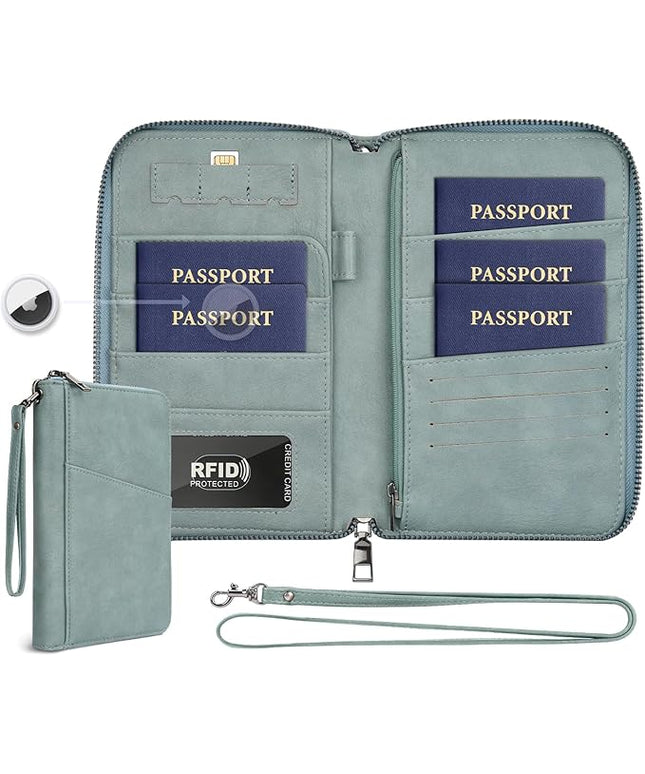 Family Passport Holder Wallet RFID Travel Document Organizer for Women Men, Portable Case Cover for Cards, Boarding Pass with Wrist & Neck Strap, Airtag Pocket, Travel Essentials Gifts (Blue, 1pack)