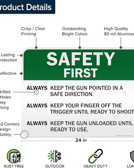 Safety First Always Keep The Gun Pointed In A Safe Direction Sign, 18x24 Inches, 3M EGP Reflective .080 Aluminum, Fade Resistant, Made in USA by My Sign Center