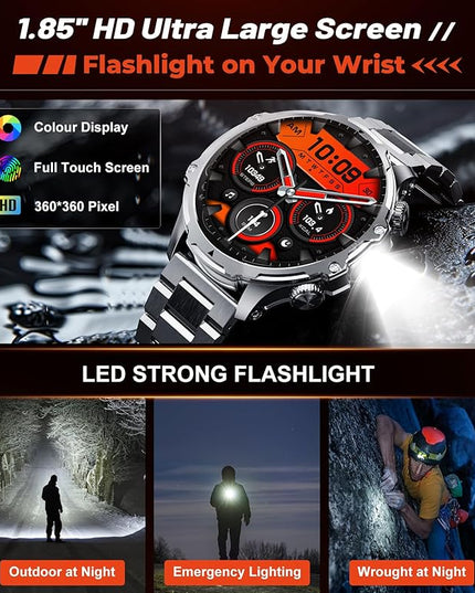 SUNKTA Smart Watch for Men,1.85" HD/800mAh Battery Smart Watches with LED Flashlight (Bluetooth Call Answer/Calls) Fitness Tracker with Heart Rate/Sleep Tracking/Blood Oxygen for Android iOS Black