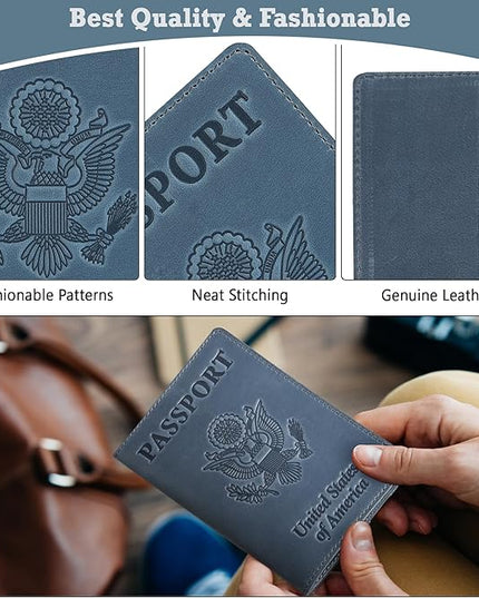 Shvigel US Leather Passport Book Cover - Thin American Travel Passport Holder - Premium International USA Passport Protector Case for Women Men (Light Blue Vintage)