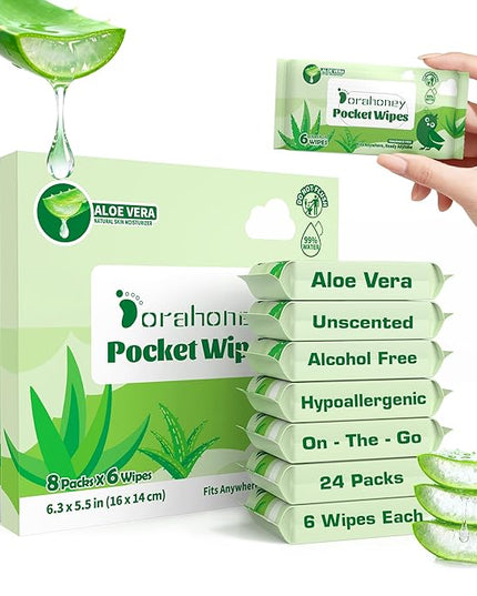 Unscented Wet Wipes Travel Size with Aloe Vera, Moisturizing Pocket Wipes for Sensitive Skin, 99% Water Hypoallergenic Mini Wipes Travel Essentials, 144 Count (24 Packs of 6)