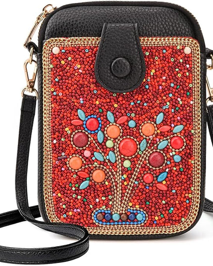 Women's Small Crossbody Cell Phone Bag, Boho Colorful Beaded Purse Wallet with Handmade Cute Patterns