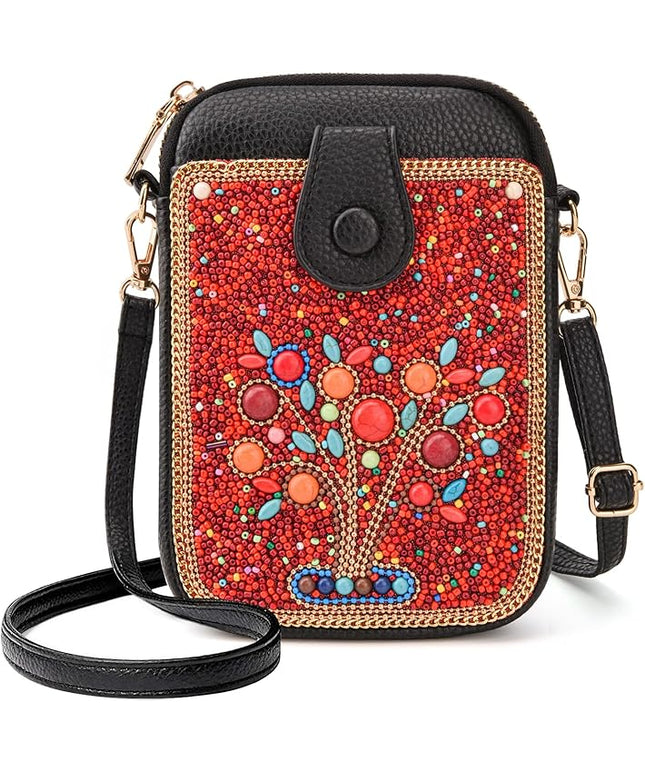 Women's Small Crossbody Cell Phone Bag, Boho Colorful Beaded Purse Wallet with Handmade Cute Patterns