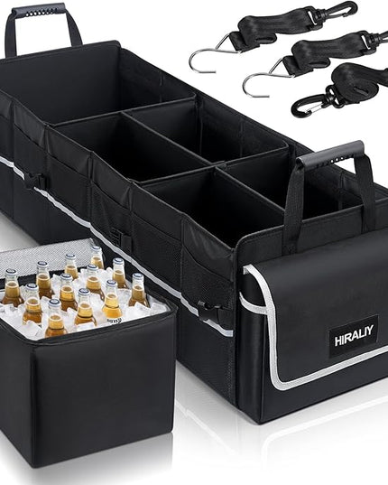 HIRALIY 4 in 1 Car Trunk Storage Organizer with Leakproof Cooler Bag, Made of 1680D Oxford and PP board, Multi-Compartment Foldable Trunk Storage Box for Car Truck SUV