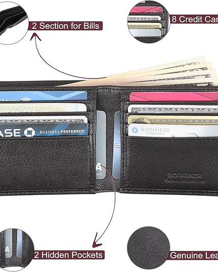 BOTANNER Genuine Leather Bifold Mens Slim Wallet RFID Blocking with 8 Credit Card Slots 2 Sections for Bills 2 Additional Slots | For Him (Black)