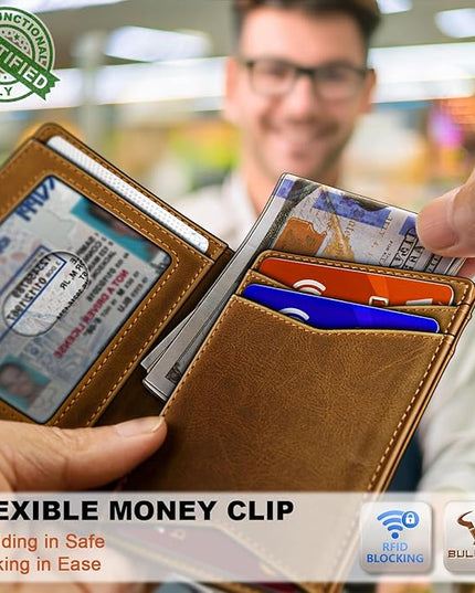 BULLIANT Men Wallet,Top Grain Leather Slim Wallet Magnetic Closure Simplifed Bill Folder RFID Blocking 11Cards