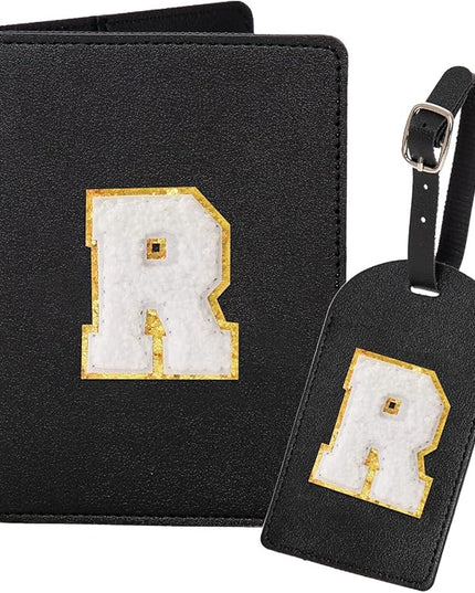 ULICO Initial Passport Cover and Luggage Tag Set,PU Leather Letter Passport Case Holder Travel Suitcase Tag, Personalized Travel Luggage Accessories Gifts for Women Kids Teenage Black R