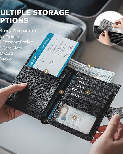 VULKIT Leather Passport Travel Wallet for 2 Passports Pocket Slim Double Passport Holder RFID Blocking with ID Window for Women or Men