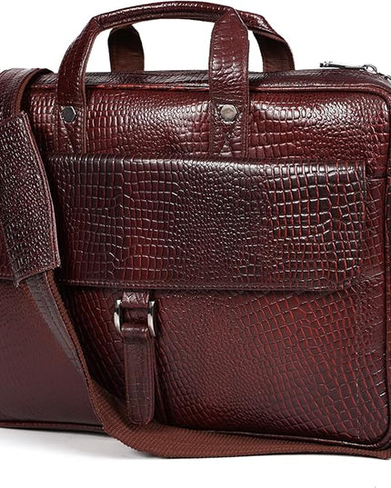 Crocodile Embossed leather bag for men, 5 Zipper Pockets with Spacious Compartments.,12 x 16 x 4 inches.