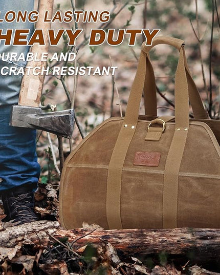 INNO STAGE Canvas Wood Carriers Fire Wood Log Tote Bag, Waxed Canvas Hay Hauling for Fireplace, Round Woodpile Carrying for Tubular Stand by Hearth Stove or Outdoor Camping