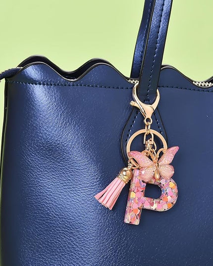 Fashion Alphabet Initial Letter Keychain Tassel Butterfly Pendant Key Ring for Purse Handbags Women Girl