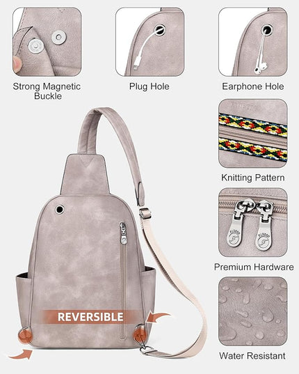 FADEON Large Sling Bag for Women, Leather Crossbody Purse Designer Anti Theft Sling Backpack, RFID Fanny Packs for Travel