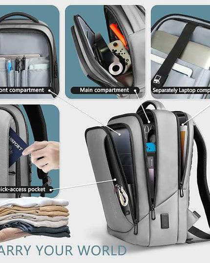 hk Laptop Backpack for Men with USB Charging Port Water-Resistant for 15.6 Inch Computer Bag Durable High-Tech Daypack Casual Backpack for Business Work College Weekender Travel- Grey