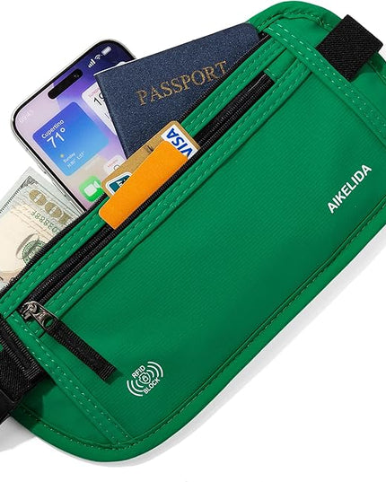 Money Belt - Slim Passport Holder RFID Blocking Travel Wallet Undercover Fanny Packs for Men Women - Green