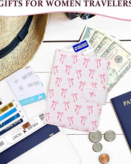 COSHAYSOO Personalized RFID Passport Holder for Travel Women Passports Cover Case Air Essentials Airplane Flight Accessories Airline Plane Flying Must Haves Christmas Gifts Teen Girls Pink Bow Knot