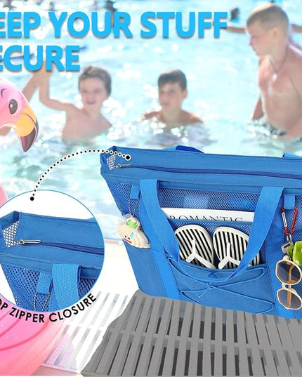 Mesh Beach Bag, Large Beach Tote with Zipper Pocket, Toys Pool Bag for Family Travel Vacation Cruise Essentials