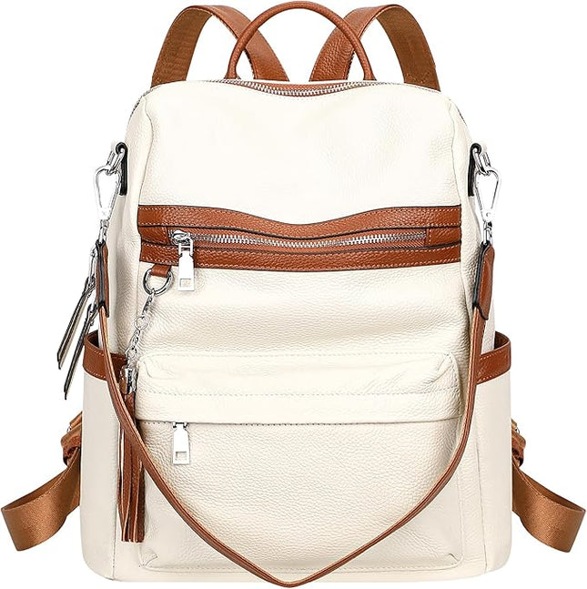 ALTOSY Genuine Leather Backpack Purse for Women Convertible Shoulder bag Soft Crossdody Bag with Laptop Compartment Large (S108 White/Brown)