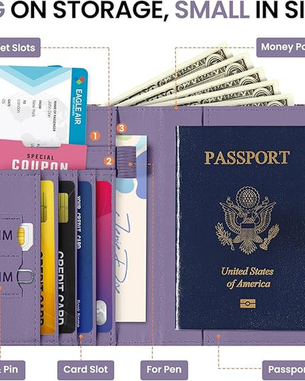 Passport Holder for Travel Essentials, RFID Blocking Leather Cover Wallet with Magnetic Closure, Aesthetic & Cute Passport Book Case for Women and Men - Violet