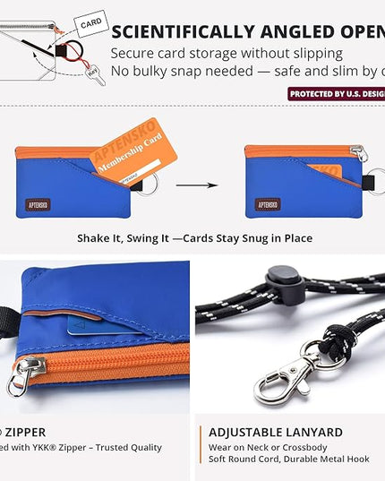 RFID Travel Wallet with Adjustable Lanyard-Zipper Small Wallet with ID Card Holder, Keychain for women&men-Minimalist Slim Waterproof Nylon case for ID, Cash, Key (Blue)