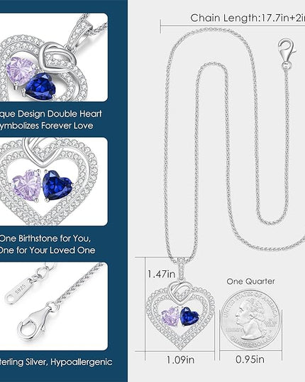 LOUISA SECRET Sparkling Double Heart Birthstone Necklaces for Women, 925 Sterling Silver Fine Jewelry, Pendant Heart Necklaces Birthday Anniversary Christmas Gift for Women Wife Mom Girlfriend Lady