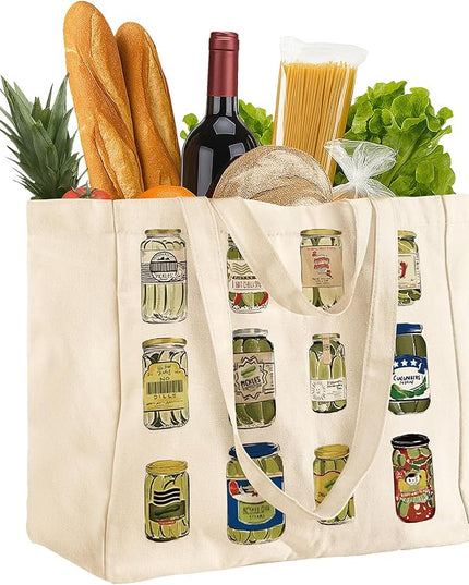 Large Canvas Grocery Tote Bag - Reusable Extra Large Shopping Shoulder Bags with 6 Inner Pockets & 2 Handle Strap