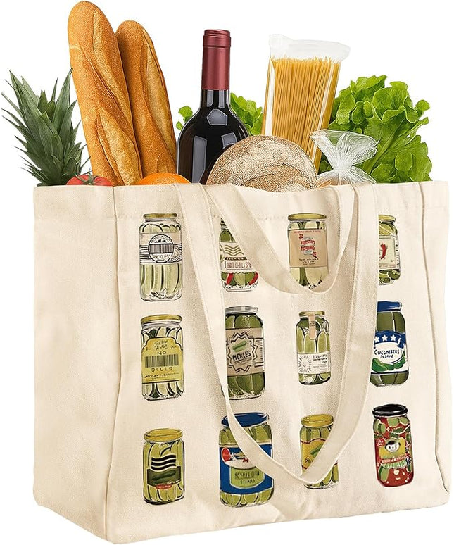 Large Canvas Grocery Tote Bag - Reusable Extra Large Shopping Shoulder Bags with 6 Inner Pockets & 2 Handle Strap