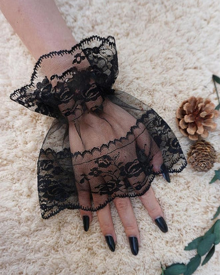 OYOANGLE Women's Floral Lace Bow Front Short Wrist Cuff Wedding Wrist Length Bridal Prom Gloves