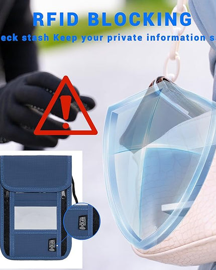 Travel Neck Wallet with RFID Blocking – Passport Holder Organizer Neck Pouch – Portable Easy to Conceal Travel Pouch (PVC Dark Blue)
