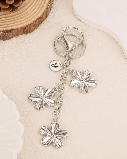 XGALBLA Gold/Silver Initial Keychain Flower Charms for Key Cute Letter Keyring for Purse Handbag Backpack
