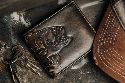 House of Jack Co. Bass Wallet for Men, Double ID Bifold, Full Grain Leather Fishing Wallet, Ideal Gift for Men, Black