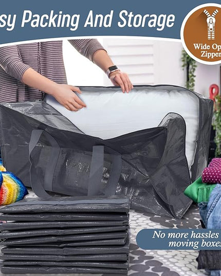 12 Pack Extra Heavy Duty Large Moving Bags with Strong Zipper & Comfortable Handles, Sturdy & Durable Clothes Storage Bags Totes Bins, Packing Moving Boxes for College Supplies, Gray