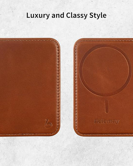 Belemay Minimalist Bifold Magnetic Wallet Compatible with MagSafe, Slim Card Holder for 4 Cards, Vegetable-Tanned Leather, Compatible with iPhone 17/16/15/14/13/12 Series and MagSafe Cases, Brown