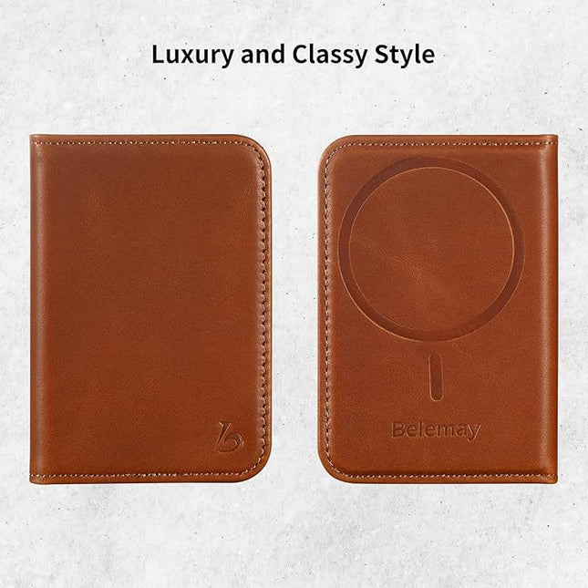 Belemay Minimalist Bifold Magnetic Wallet Compatible with MagSafe, Slim Card Holder for 4 Cards, Vegetable-Tanned Leather, Compatible with iPhone 17/16/15/14/13/12 Series and MagSafe Cases, Brown