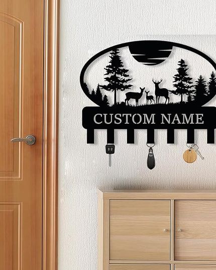 Personalized Metal Key Holder for Wall, Custom Metal Deer Cabin Key Hooks with Name, Name Letter Wall Decoration Key Hooks, Farmhouse Deer Sign, Key Rack for Kitchen, Key Organizer for Cabin Home Gift