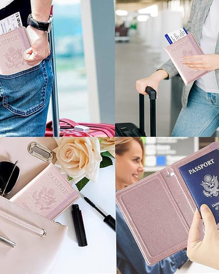 Eoehro Passport and Vaccine Card Holder, Passport Holder Vaccine Card Slot, Passport Wallet, Passport Cover, Passport Case, Passport Holder for Airplane Travel Essentials (E-Elastic band Rose gold)