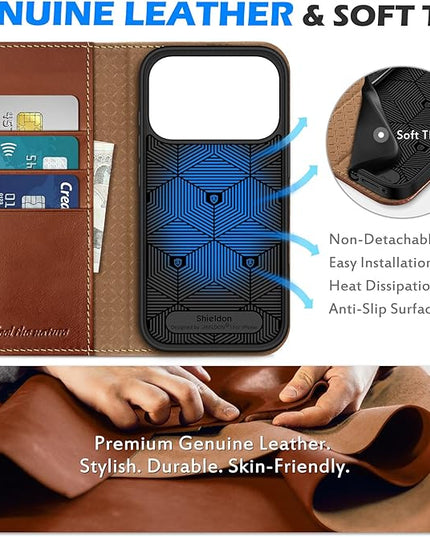 SHIELDON Genuine Leather Wallet Case for iPhone 17 Pro 6.3" 2025 | Flip Cover | Magnetic Closure | RFID Blocking Credit Card Holder | Kickstand | Shockproof Phone Cover | Retro Brown
