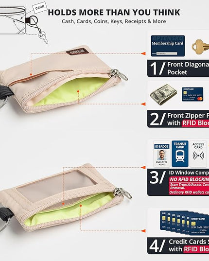 RFID Travel Wallet with Adjustable Lanyard-Zipper Small Wallet with ID Card Holder, Keychain for women&men-Minimalist Slim Waterproof Nylon case for ID, Cash, Key (Almond White)